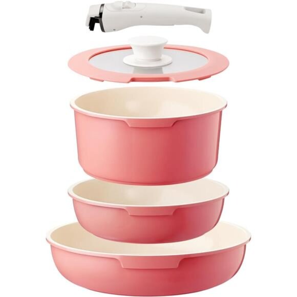Ceramic Pots and Pans Set Non Stick Pink, 5Pcs Nonstick Cookware Set with - Picture 1 of 7